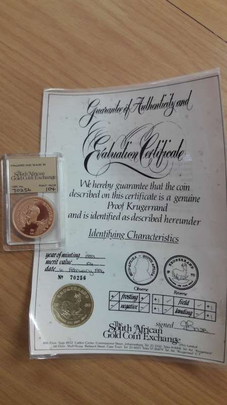 1OZ Gold KRUGERRAND 1983 Guarantee of Authenticity and Evaluation Certificate included.  PROOF